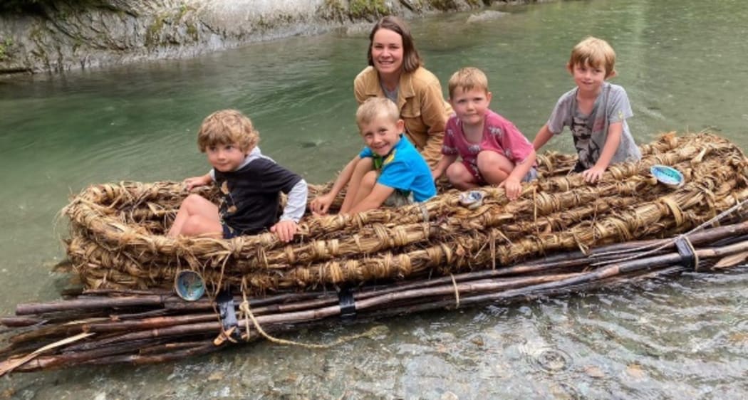Arrowtown Preschool pupil Isaac Crib, left, with former pupils Oli Jones, Sebastian Dalliessi and Thomas Cribb, with kaiako June Caples