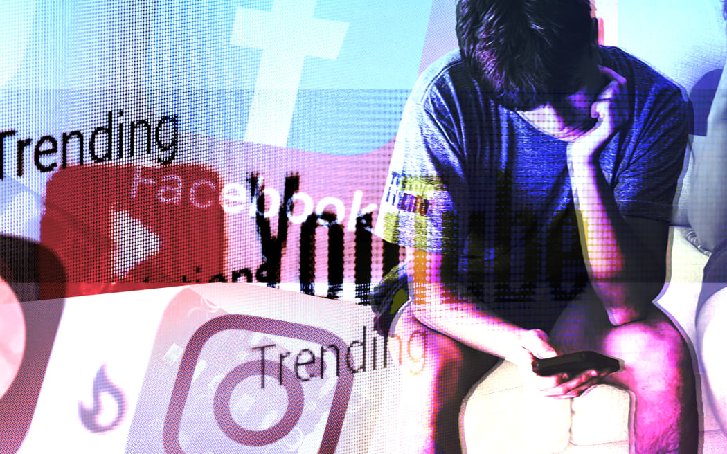 Composite of social media apps and teenager with phone