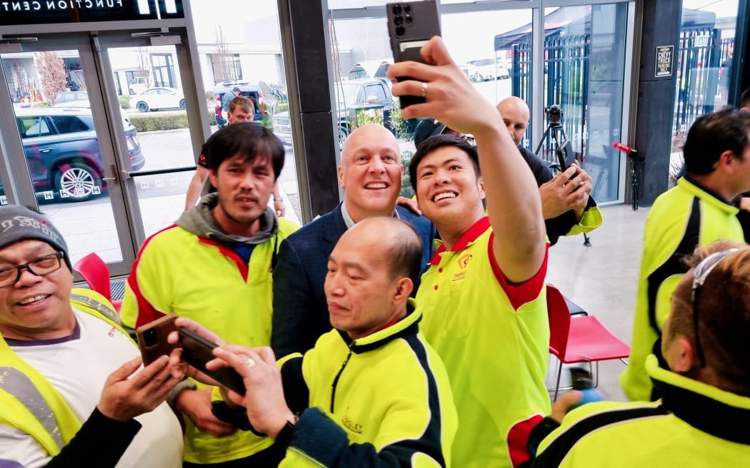 Christopher Luxon spoke to staff at Hagley Windows & Doors in Christchurch 14 September 2023. The National Party leader was mobbed by staff for selfies at the end of the visit.