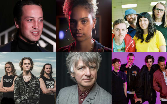 Clockwise L-R: Marlon Wiliams, JessB, The Beths, Drax Project, Neil Finn, and Alien Weaponry
