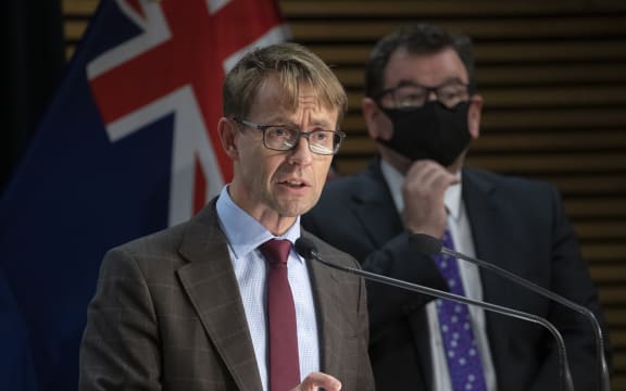 Director general of health Ashley Bloomfield during the post-Cabinet press conference, with Deputy Prime Minister Grant Robertson.