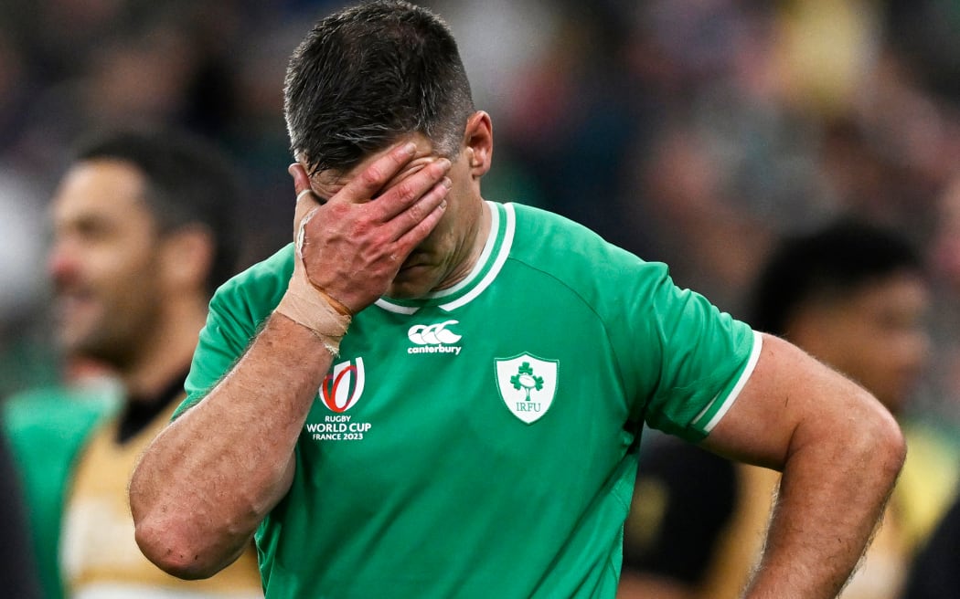 Dejected Ireland captain Jonathan Sexton after losing the Rugby World Cup France 2023, Ireland v New Zealand All Blacks Quarter Final match at Stade de France, Saint-Denis, France on Saturday 14 October 2023. Photo credit: Andrew Cornaga / www.photosport.nz