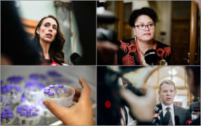 From top left, Prime Minister Jacinda Ardern, Labour MP Louisa Wall, Covid-19 Response Minister Chris Hipkins, vials of Pfizer vaccine