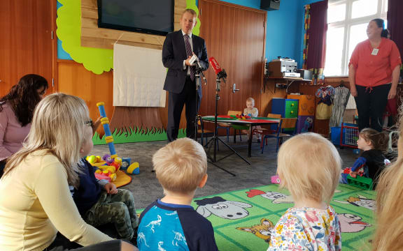 Education minister Chris Hipkins launches the draft early childhood strategy at the Knox Church Playgroup in Lower Hutt.
