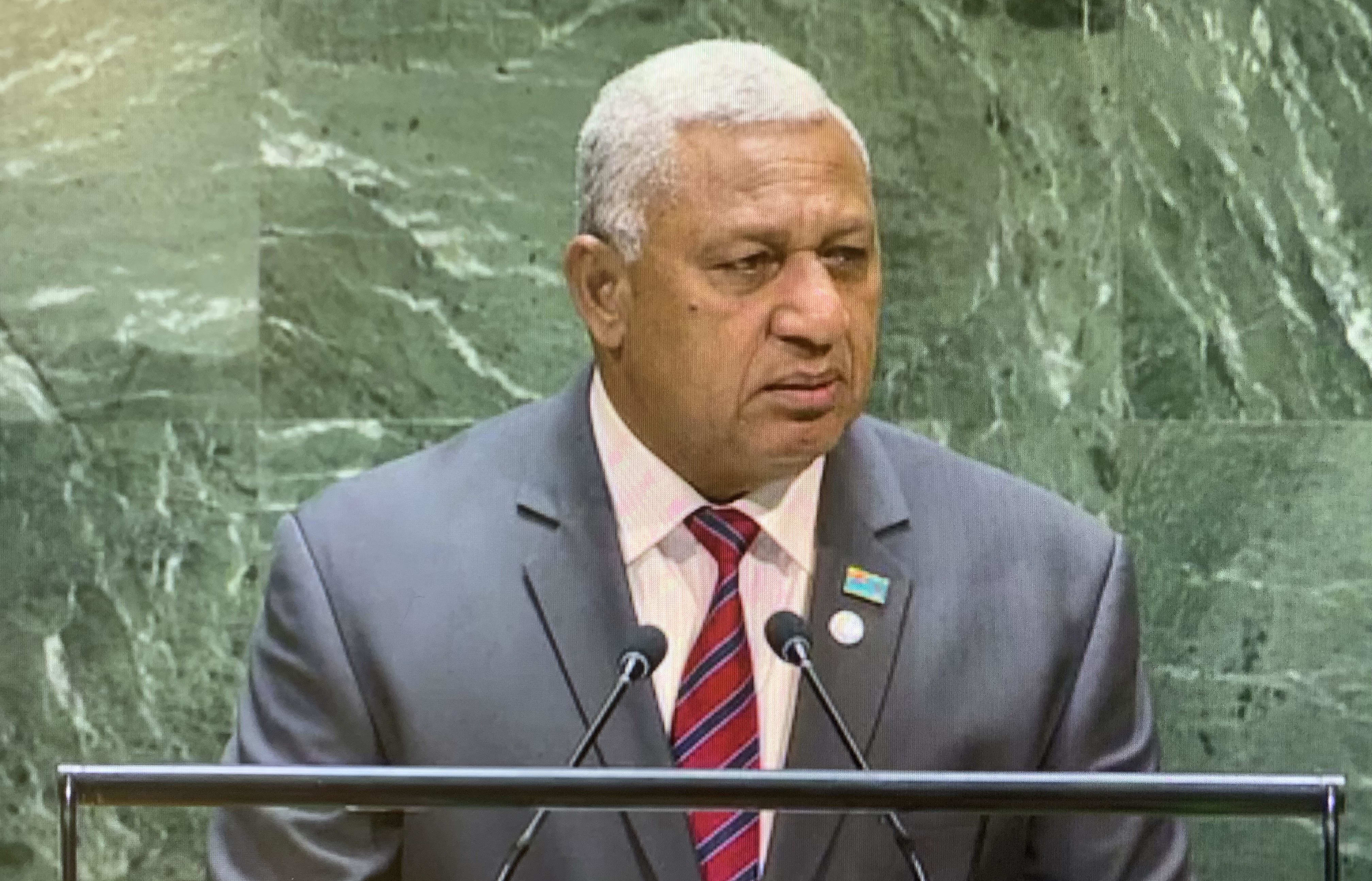 Fiji prime minister Frank Bainimarama speaking at the UN General Assembly in New York. September 2019