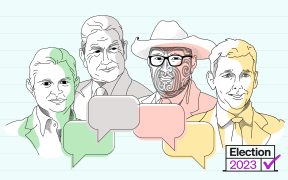 Election 2023: Stylised illustrations of James Shaw, Winston Peters, Rawiri Waititi and David Seymour with speech bubbles.