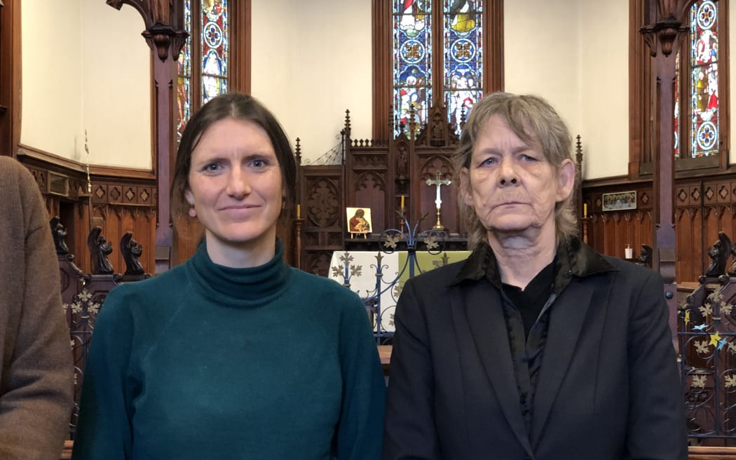 Kate Day of Common Grace, pictured with Debbie Leyland at the launch of a petition to eliminate the power disconnection fees which can add to the debt burden of people struggling and in poverty.
