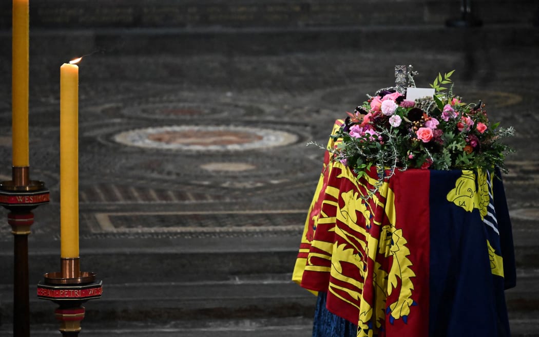 The coffin of Queen Elizabeth II lies inside Westminster Abbey in London on September 19, 2022, ahead of the State Funeral Service.