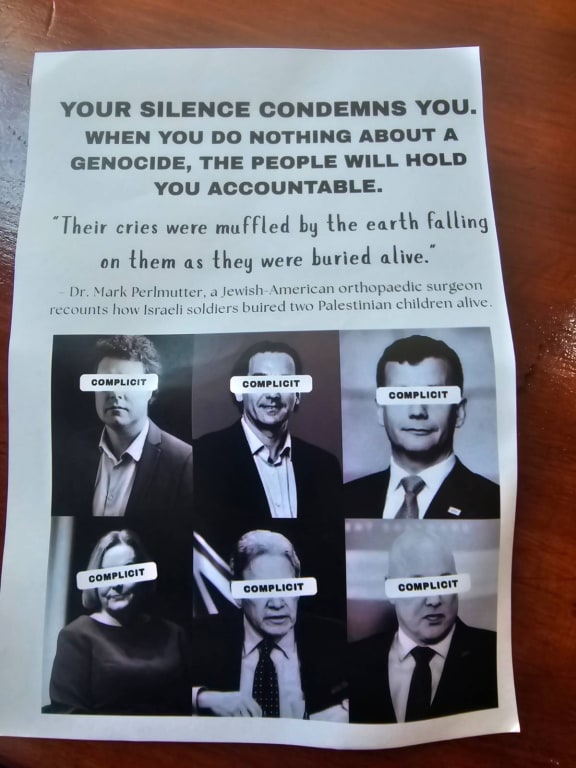 Photo of leaflet dropped during Question Time protest on 9 December 2025.