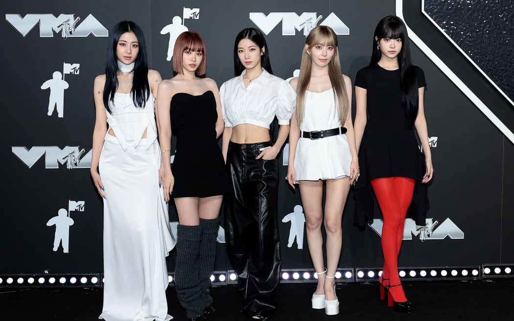 From left, Huh Yun-jin, Kim Chae-won, Kazuha, Sakura Miyawaki and Hwang Jung-eum of Le Sserafim attends the 2024 MTV Video Music Awards at UBS Arena on September 11, 2024 in Elmont, New York.