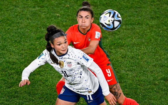 United States' Sophia Smith and Portugal's Ana Borges. USA v Portugal, Group Stage - Group E 2023 FIFA Women’s Football World Cup match at Eden Park, Auckland, New Zealand on Tuesday 1 August 2023. Mandatory credit: Alan Lee / www.photosport.nz