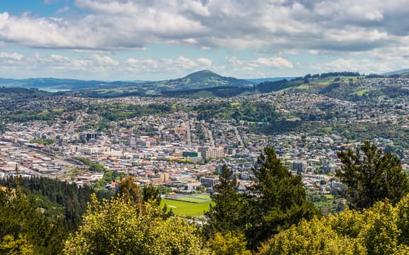 Views towards the city from the lookout at the Centennial Memorial on Signal Hill Dunedin Otago South Island New Zealand