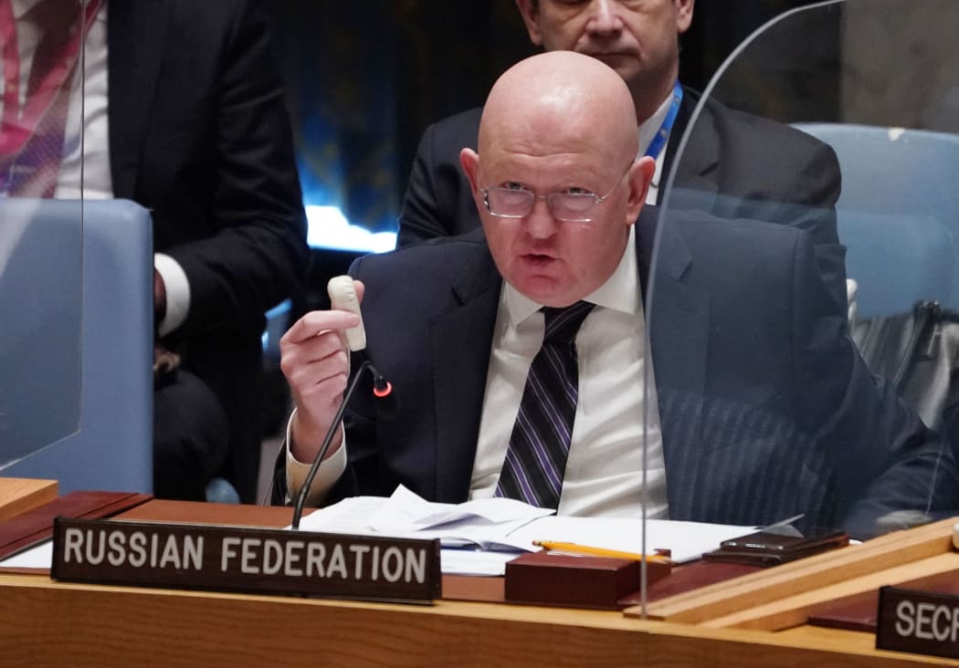 Russia's UN Ambassador, Vassily Nebenzia, speaks at a meeting of the UN Security Council  on threats to international peace and security, March 18, 2022, in New York.