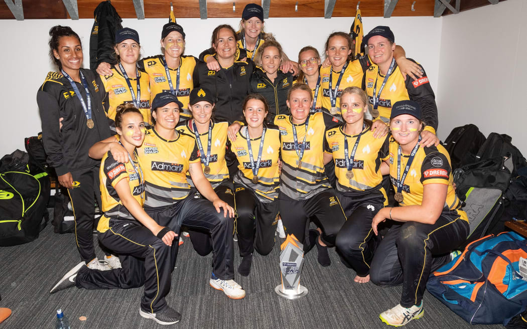 The Blaze celebrate their win during the Womens' Super Smash cricket Final.