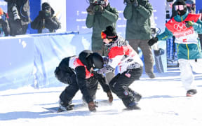 Zoi Sadowski-Synnott (NZL) Gold Medal celebrates with Julia Marino (USA) Silver Medal, Tess Coady (AUS) Bronze Medal during the Olympic Winter Games Beijing 2022, Snowboard, Women's Snowboard Slopestyle on February 6, 2022 at Genting Snow Park
