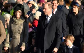 Duchess of Cambridge Catherine, Princess Charlotte, Prince William and Prince George arrive for the royal family's traditional Christmas Day service on December 25, 2019.