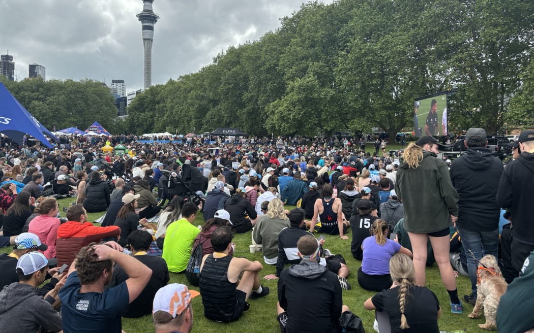 Fans gather at Victoria Park in central Auckland to watch the 2023 Rugby World Cup final between South Africa and New Zealand at Stade de France.