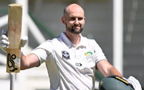 Tom Bruce of the Central Stags celebrates his 300.
