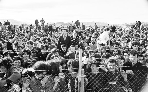 Crowd at Wellington Airport awaiting the arrival of The Beatles.