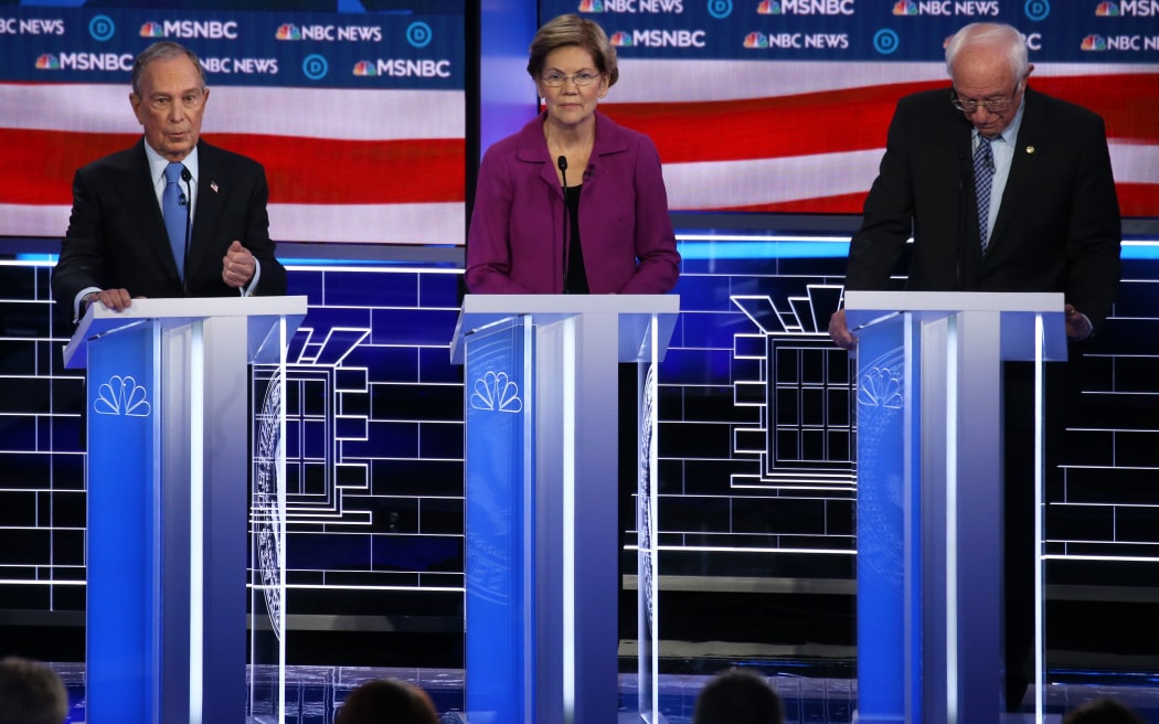 LAS VEGAS, NEVADA - FEBRUARY 19: Democratic presidential candidates (L-R) former New York City Mayor Mike Bloomberg, speaks as Sen. Elizabeth Warren (D-MA), and Sen. Bernie Sanders (I-VT) Democratic presidential primary debate at Paris Las Vegas on February 19, 2020 in Las Vegas, Nevada.