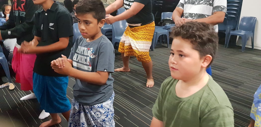 Gedalya Parker, 8, in grey shirt practises the Rotuman tautoga.
