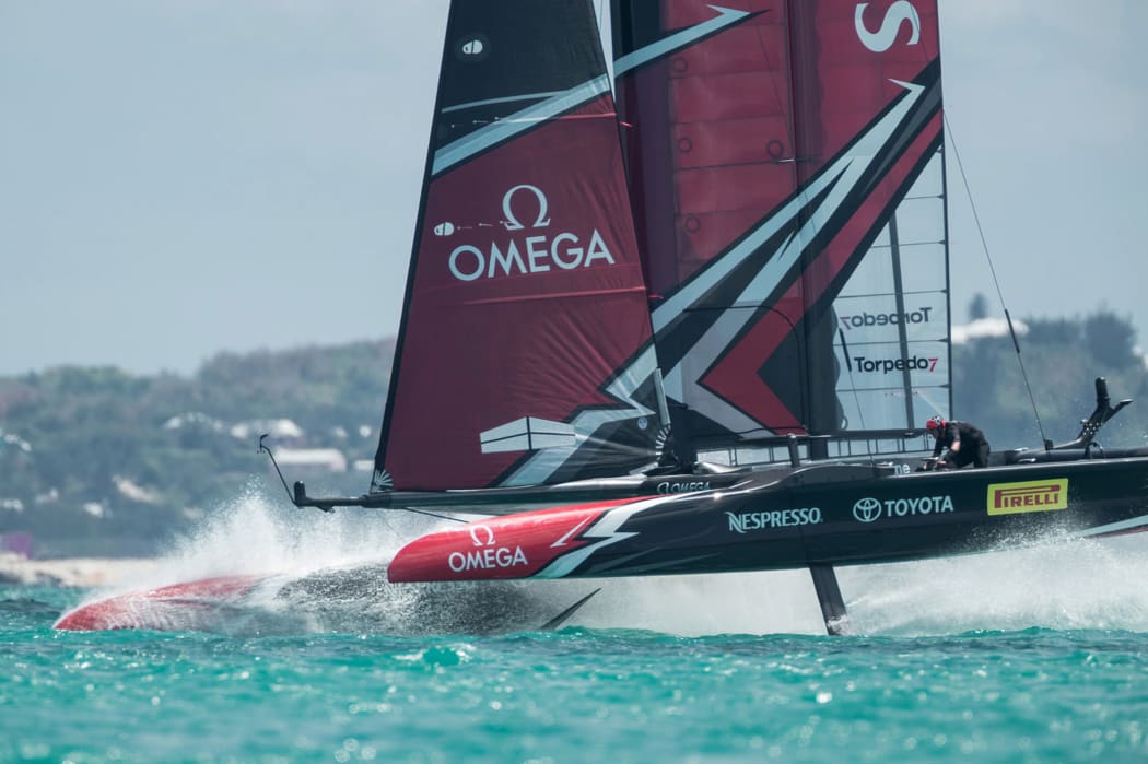 Emirates Team New Zealand training, hitting the water hard. Bermuda, 22 May 2017.