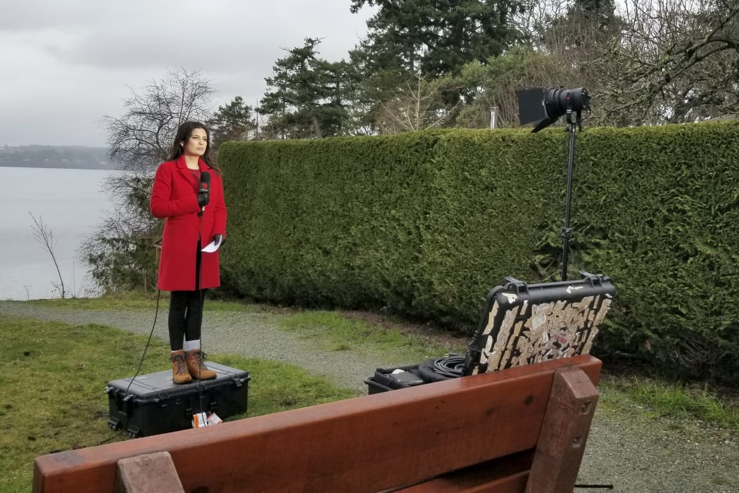A correspondent giving a live report at Vancouver Island, British Columbia, where Prince Harry and Meghan will be staying, on January 21, 2020.