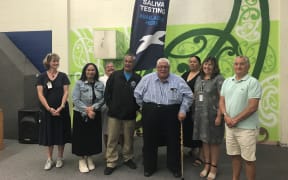 (From left) Helen Connole, Māori Party co-leader Debbie Ngarewa-Packer, Tūpoho Social Services manager Tracey Waitokia, Ngāti Ruanui chair Ngapari Nui, Te Rūnanga o Te Awa Tupua chair John Maihi, Te Ranga Tupua iwi collective co-chair Sheena Maru, Louise Allsopp and Tūpoho chair Ken Mair.