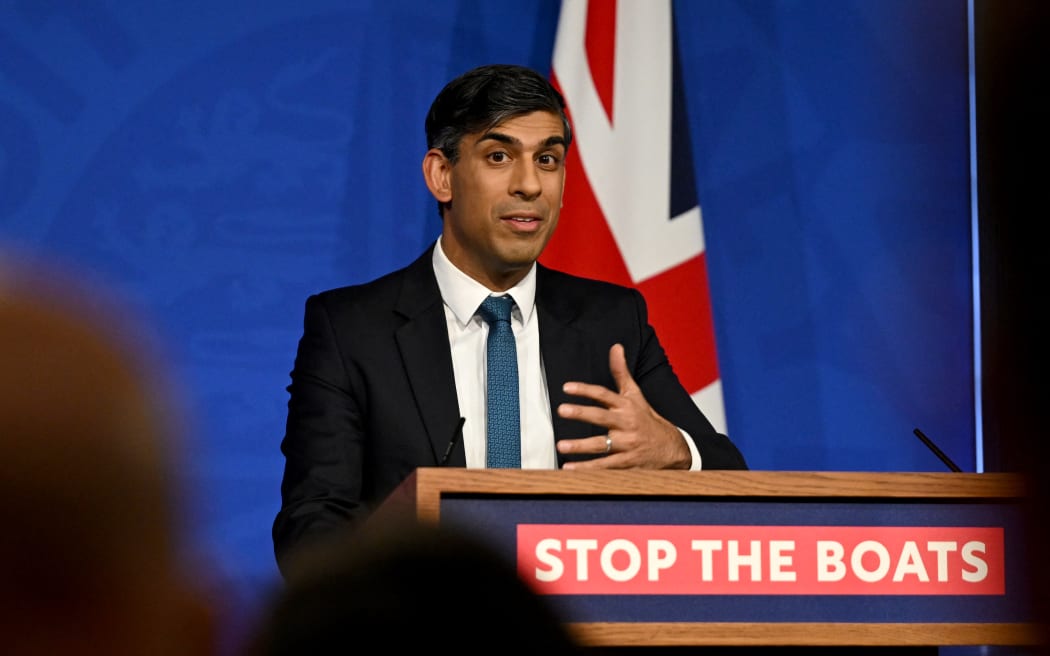 Britain's Prime Minister Rishi Sunak gives a press conference after Britain's Supreme Court ruled the government's scheme to send asylum seekers to Rwanda was unlawful.