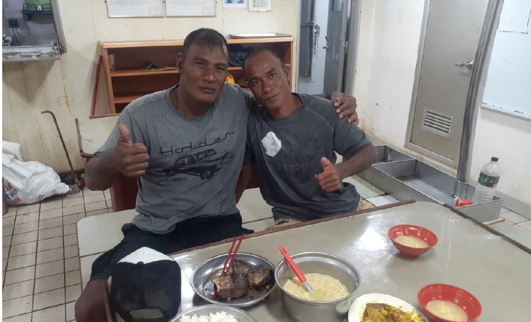 Two fishermen from Kiribati, Ateota Teraka and Tairaiti Arakanria, onboard the Queen Elizabeth 959 (FSM-flagged vessel) after being rescued in Marshall Islands waters following a seven day vigil at sea.