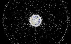 Space debris around Earth from a top-down view