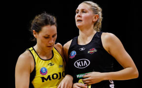 Central Pulse's Jodi Brown and Waikato BOP Magic's Casey Kopua tussle during their ANZ Championship Netball match.