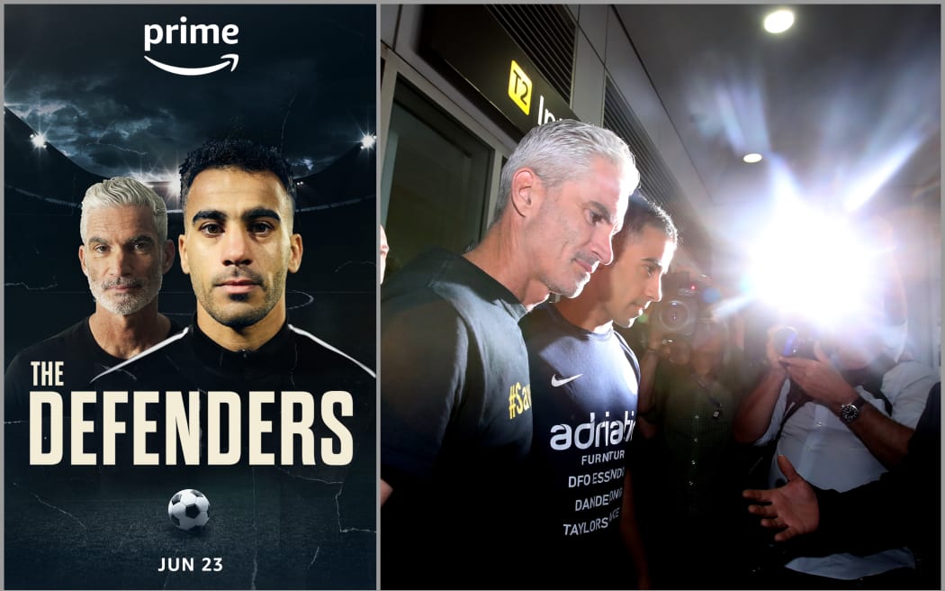 The Defenders poster, Craig Foster and Hakeem al-Araibi upon his arrival back in Australia.