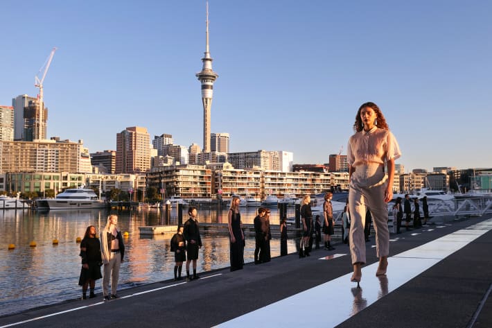 A model walks the runway during the Zambesi show during New Zealand Fashion Week in 2023.