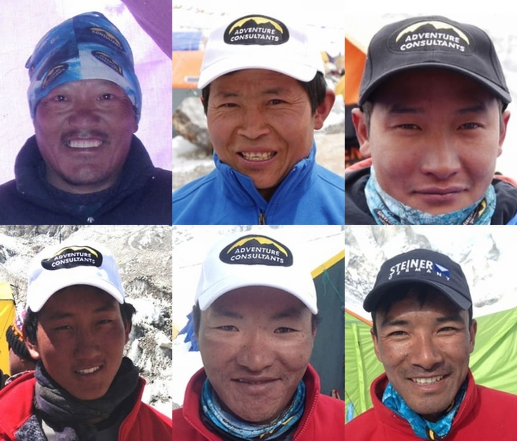 The six Nepali staff killed in the avalanche. Clockwise from top left: Jangbu Sherpa - Taksindu, Solukhumbu; Maila Rai - Khumjung; Dawa Tsering Sherpa - Chaurikharka; Chhimi Dawa Sherpa - Khiruale, Bung; Pema Yishi Sherpa - Khiraule, Bung; Pemba Sherpa - Taksindu, Solukhumbu