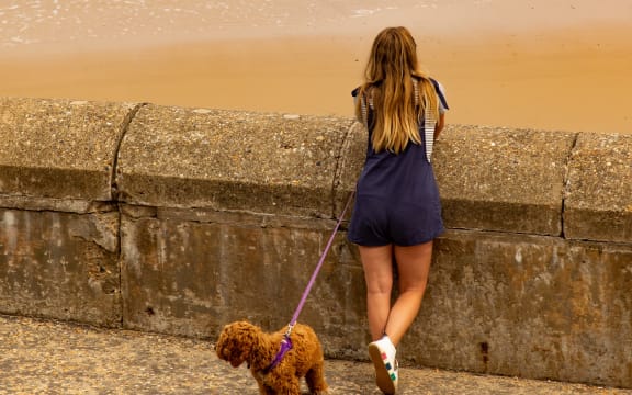 Teenager poses on sea wall while walking a small oodle dog