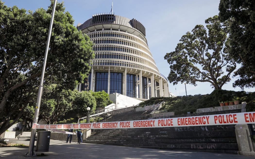 Police tape is seen around Parliament grounds.