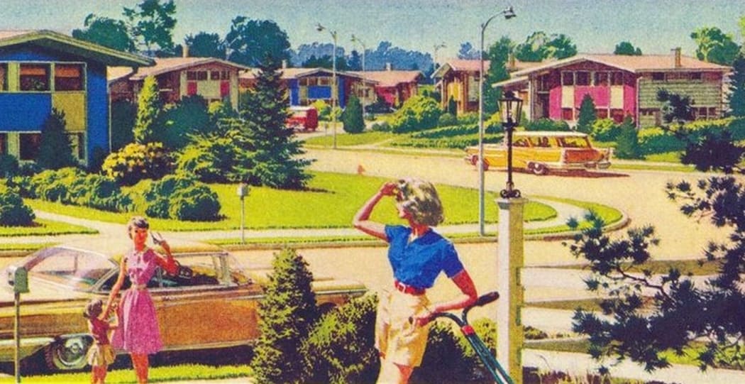 An idealised illustration of suburban life in America during the 1960s