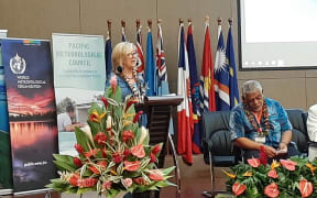 Mary Power speaks at the the fifth meeting of the Pacific Meteorological Council in Samoa.