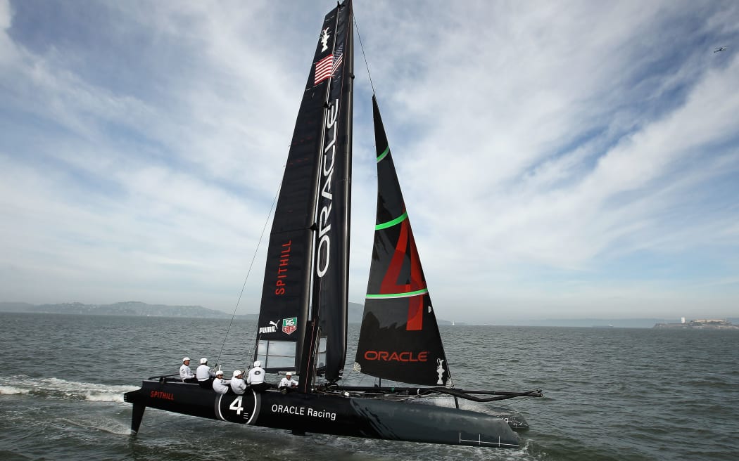An Oracle AC45 skippered by James Spithill practices in the San Francisco Bay on 21 February 2012.