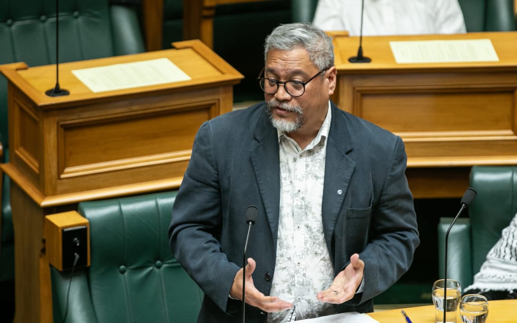 Green MP Teanu Tuiono asks questions in the debating chamber.
