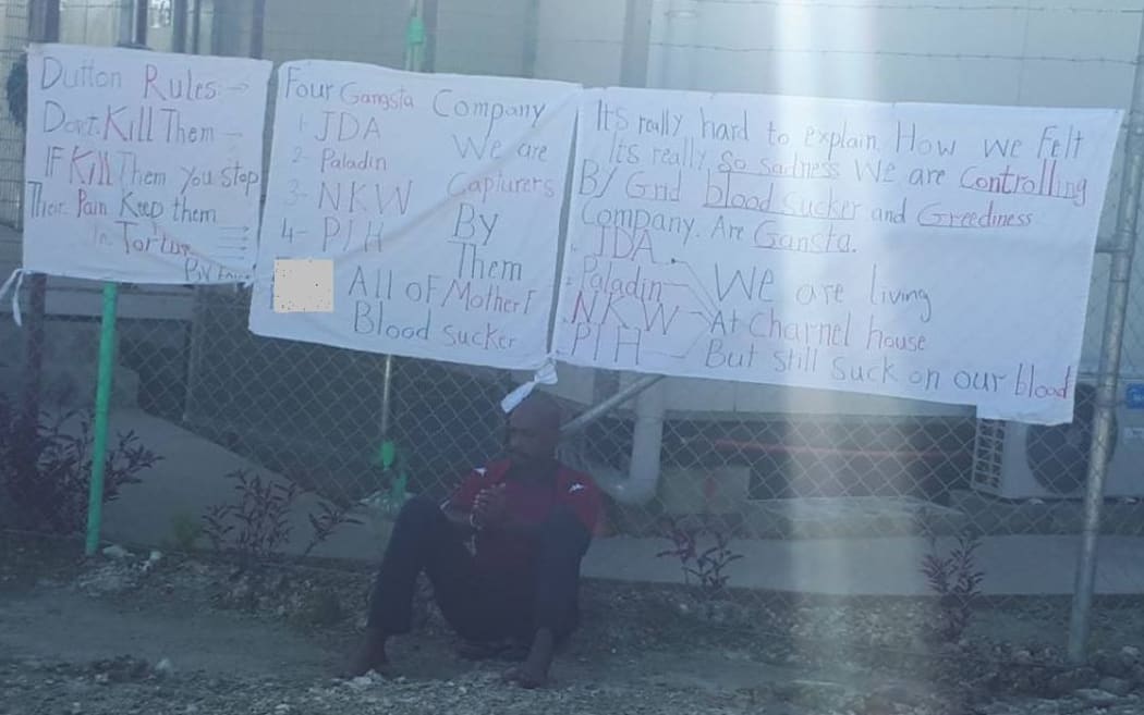Bashir Osman protesting at West Lorengau Transit Centre.