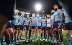 MELBOURNE, AUSTRALIA - JUNE 17: Blues players look dejected after a loss in game two of the Men’s State of Origin series between New South Wales Blues and Queensland Maroons at Melbourne Cricket Ground on June 17, 2026 in Melbourne, Australia. (Photo by Cameron Spencer/Getty Images)