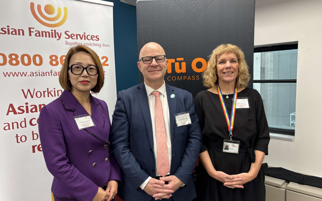AFS chief executive Kelly Feng, Mental Health Minister Matt Doocey and Tū Ora Compass Health deputy chief executive Mabli Jones.