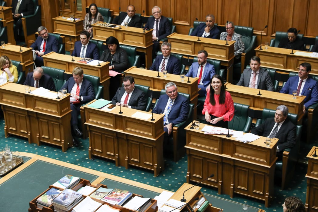 Prime Minister Jacinda Ardern acknowledges the press gallery during the adjournment debate at Parliament