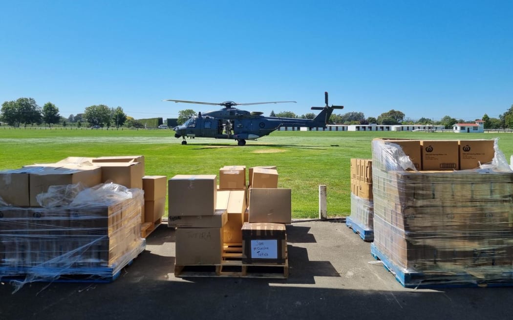 Supplies arrive by air at the regional distribution hub in Hastings where about 100 volunteers at working flat out.