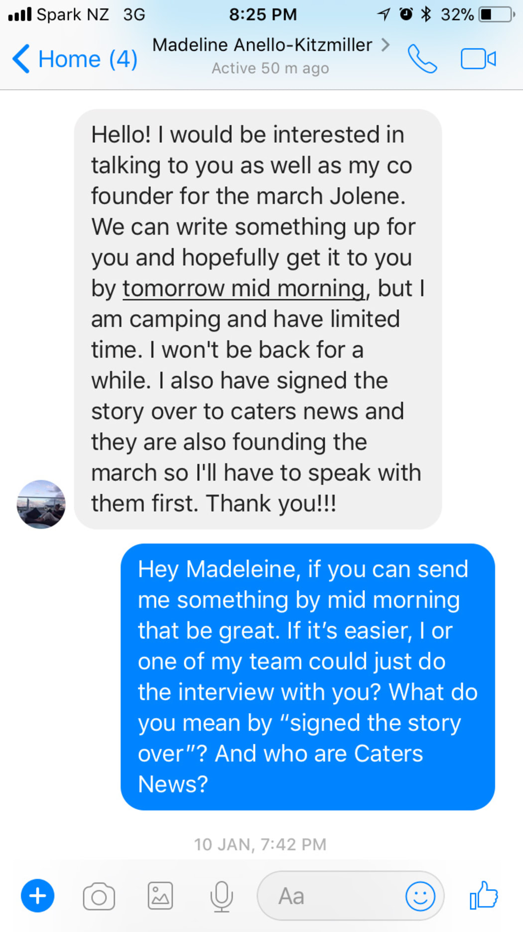 A screenshot of the conversation between Madeline Anello-Kitzmiller and Wireless Editor Marcus Stickley on Facebook Messenger.