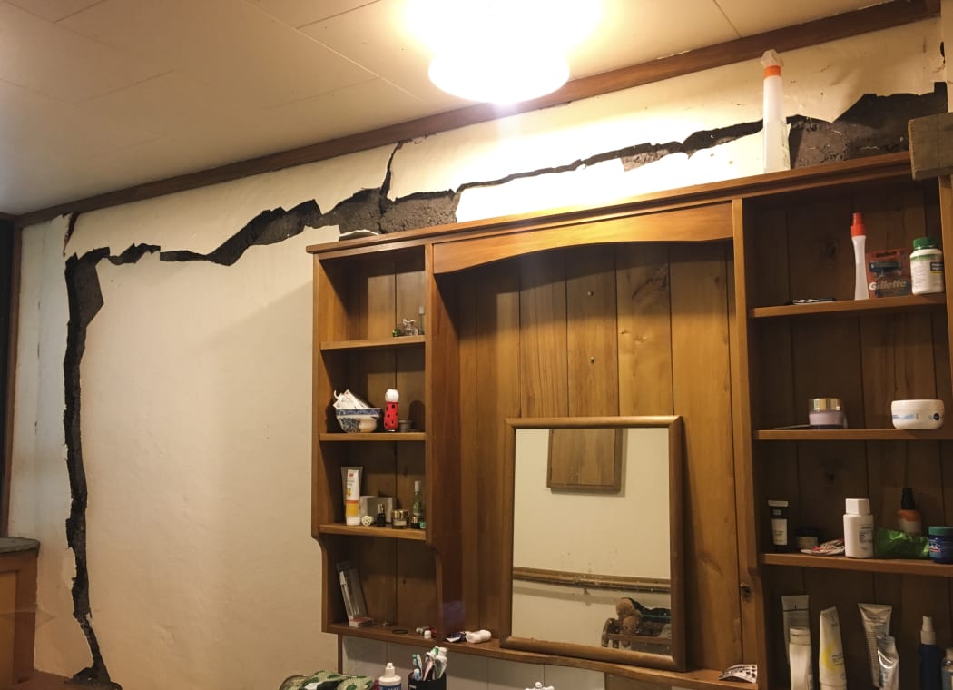 Damage in the newer homestead's bathroom where the walls have come away from structural pillars