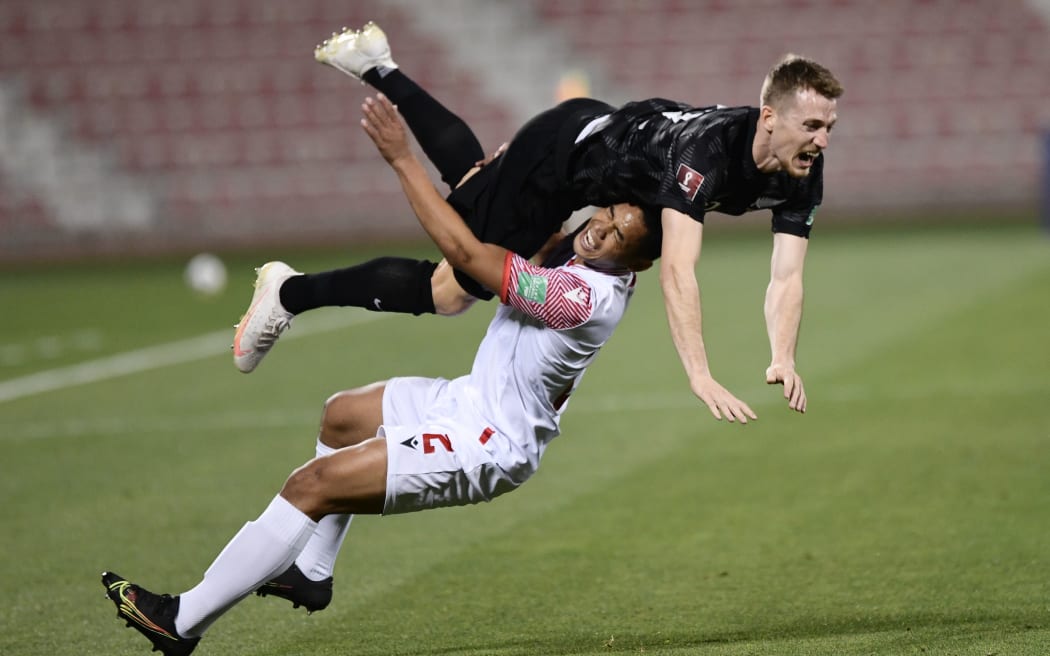 Niko Kirwan in action during the New Zealand All Whites v Tahiti OFC semi final game in Qatar. 2022.