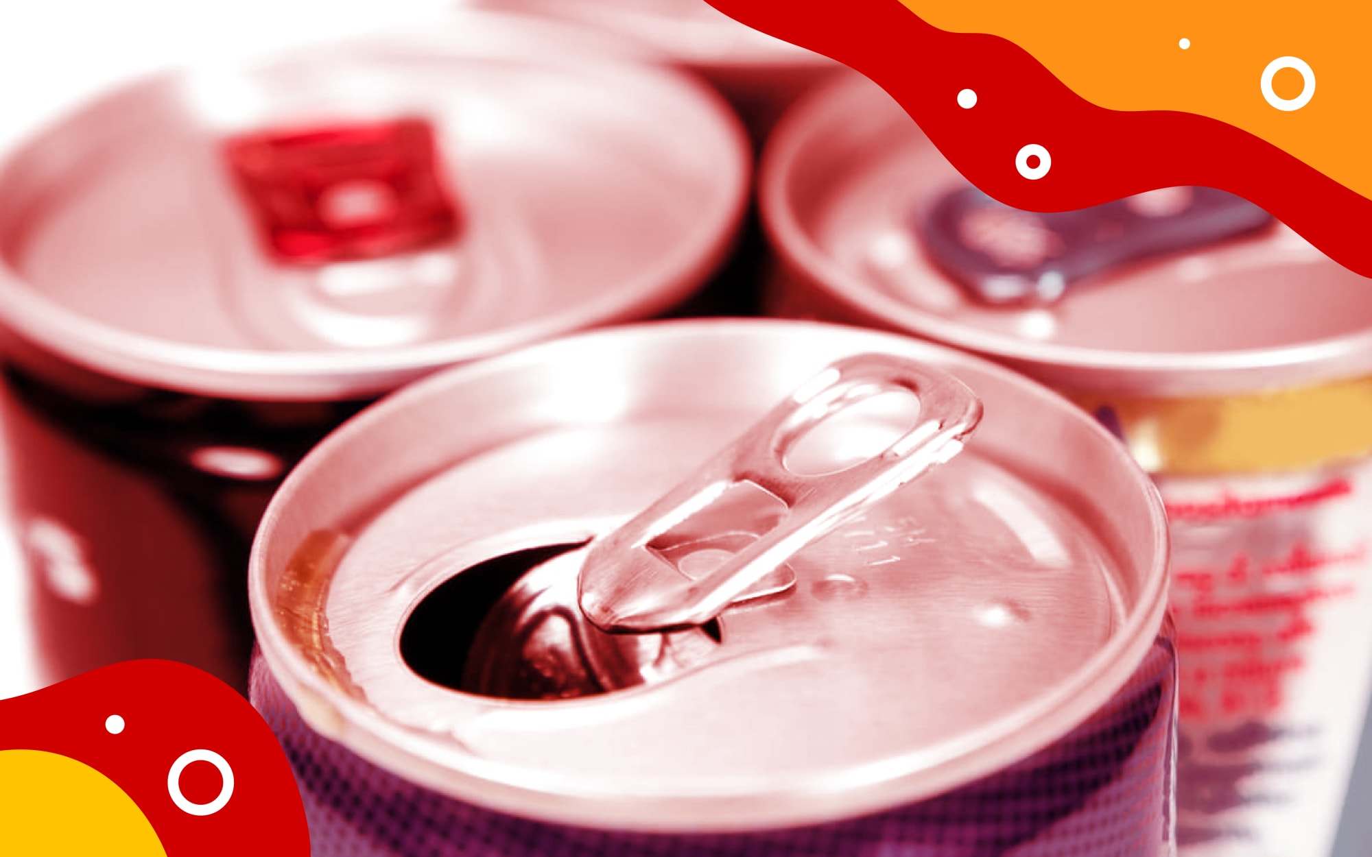 Cans of sugary drinks with stylised red and yellow border